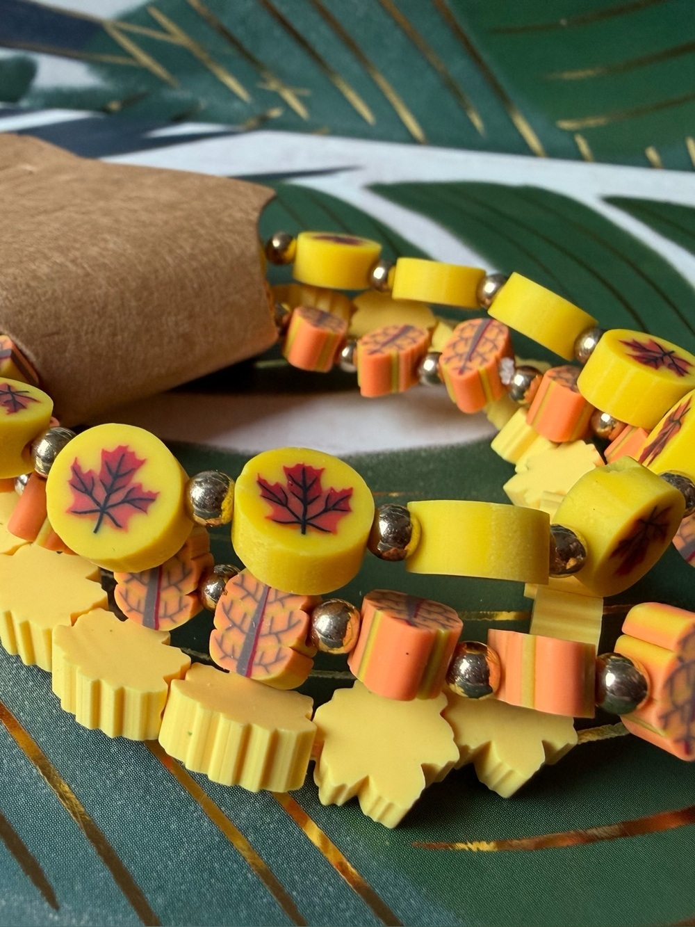 Fall Maple Leaf Stretch Bracelet Set of 3 Autumn Yellow Orange
